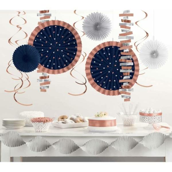 Navy & Rose Gold Paper Fan Decorating Kit 14Pk  |   Decorative Fans