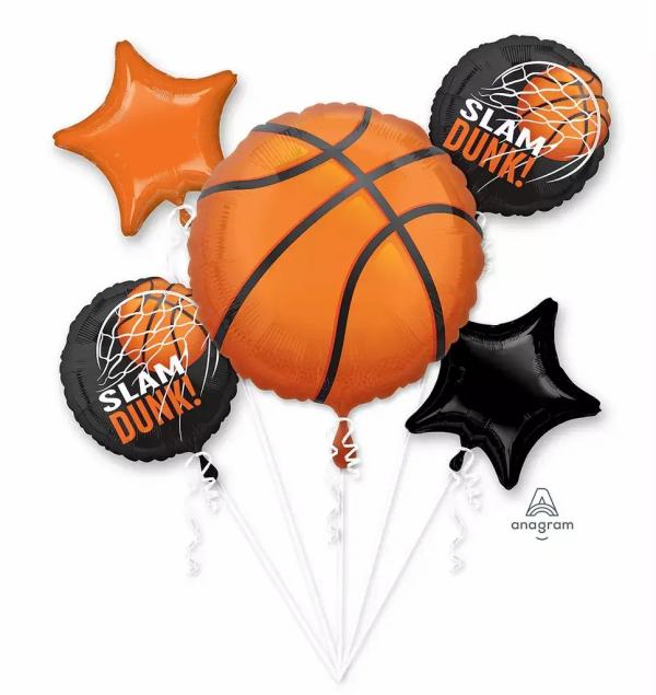 Nothing But Net Basketball Slam Dunk Foil Balloon Bouquet 5Pk  |   Balloon Bouquets