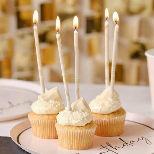 Nude And Champagne Gold Tall Marble Birthday Cake Candles 12Pk  |   Candles