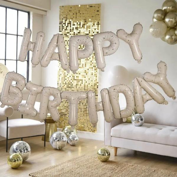 Nude & Gold Speckle Happy Birthday Balloon Bunting  |   Party Banners