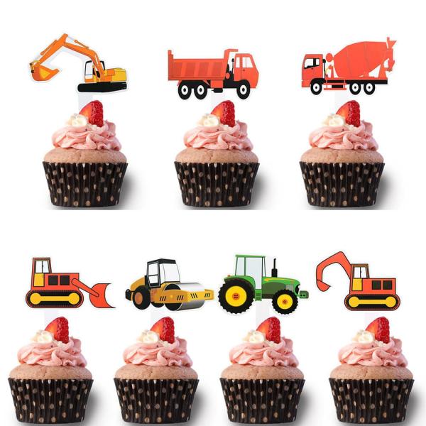 Orange Construction Vehicle Paper Cupcake Toppers 7Pk  |   Cupcake Picks