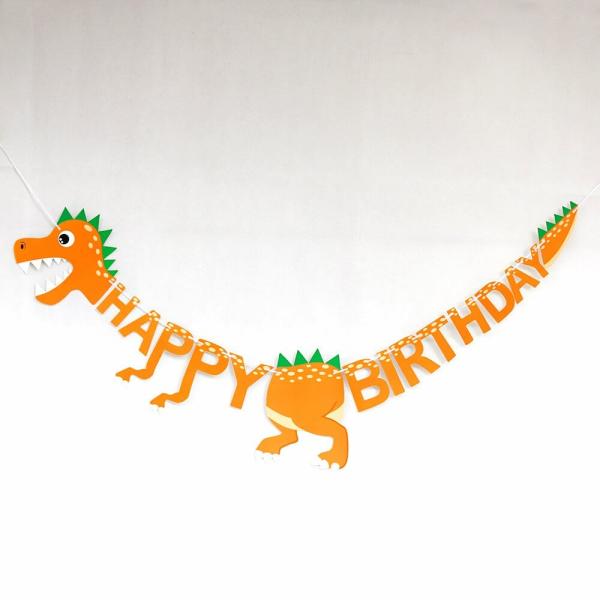 Orange Happy Birthday Dinosaur Hanging Paper Banner  |   Party Banners