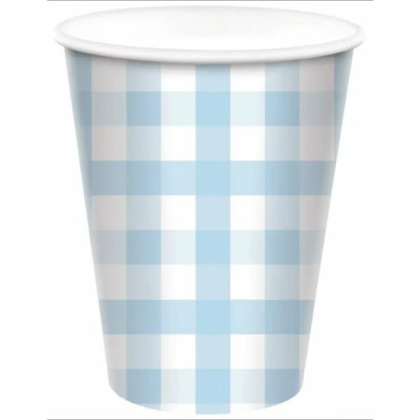 Pastel Blue Gingham Paper Cups 266Ml 8Pk  |   Party Cups