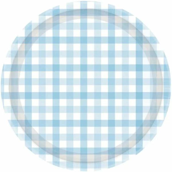 Pastel Blue Gingham Paper Plates 23Cm 8Pk  |   Party Plates