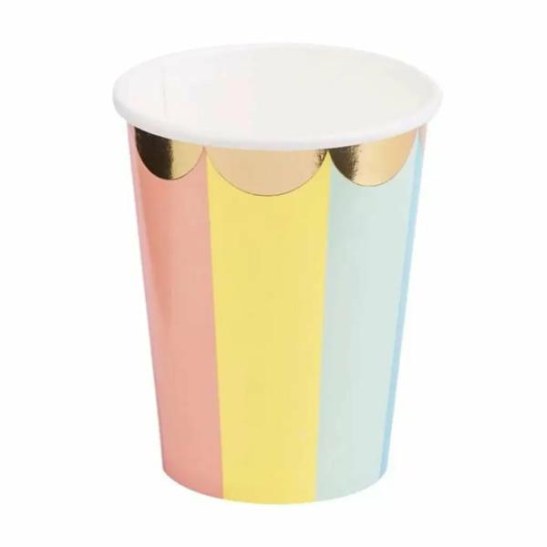 Pastel Rainbow Candy Stripe Gold Edging Paper Cups 8Pk  |   Party Cups