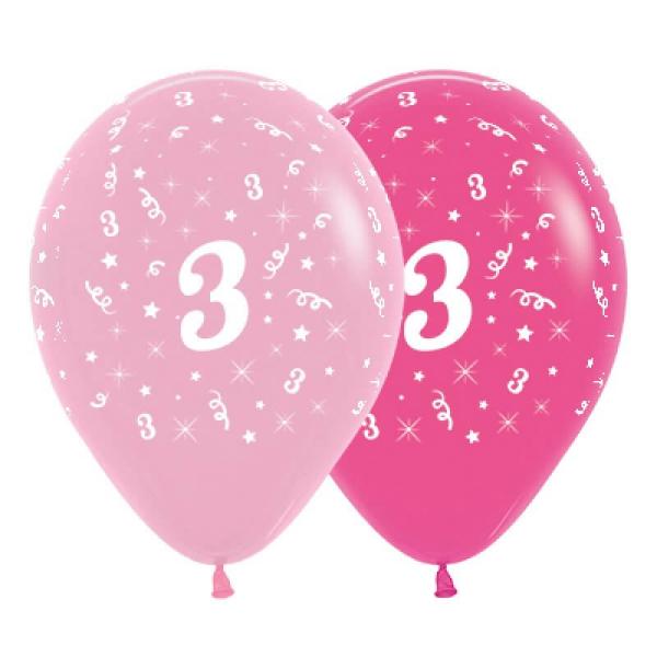 Pink 30Cm Age 3 Latex Balloons 6Pk  |   Printed Balloons