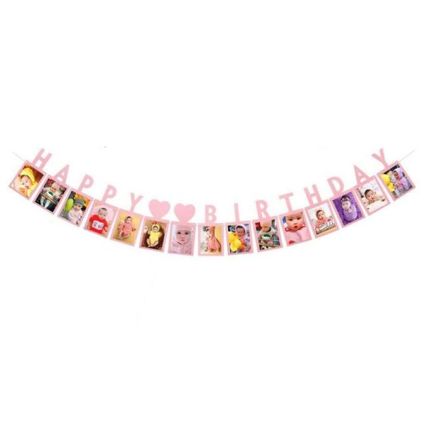 Pink Baby Milestone Photo Frame Happy Birthday Paper Banner  |   Party Banners