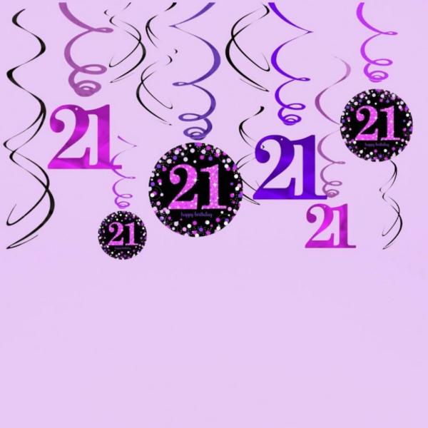 Pink Celebration Age 21 Swirls Hanging Decorations 12Pk  |   Swirls