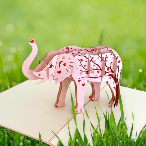 Pink Elephant With Red Heart Tree 3D Pop Up Card  |   Animals