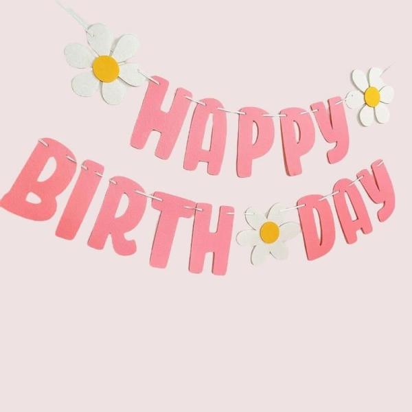 Pink Happy Birthday With White Daisy Flower Felt Banner Bunting  |   Party Banners