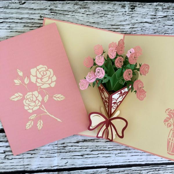 Pink Rose Bouquet 3D Pop Up Greeting Card  |   Anniversary