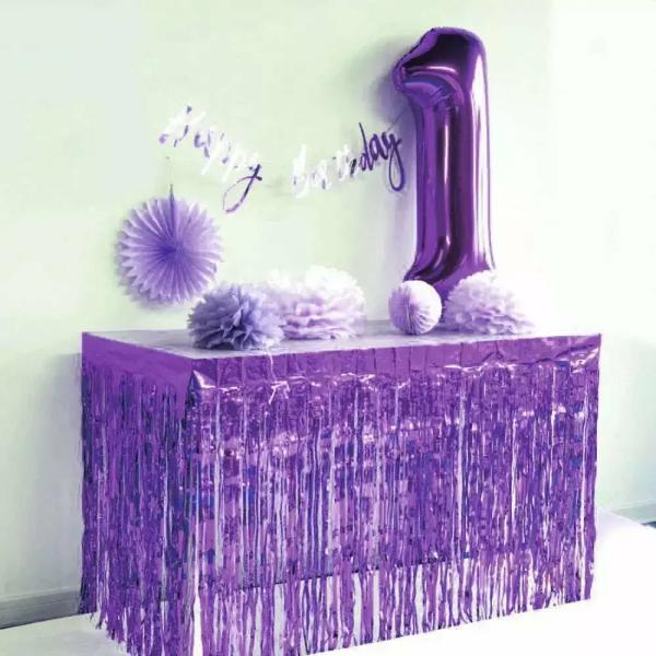 Purple Foil Fringe Table Skirt  |   Table Skirts