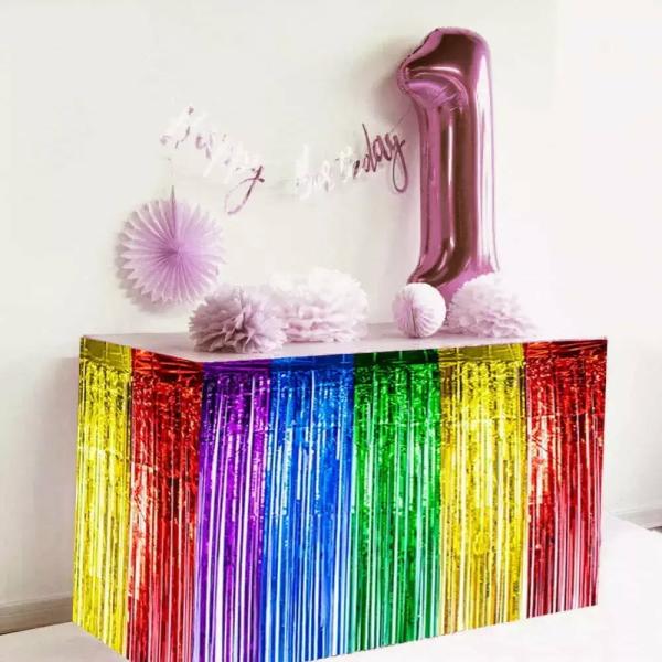 Rainbow Foil Fringe Table Skirt  |   Table Skirts