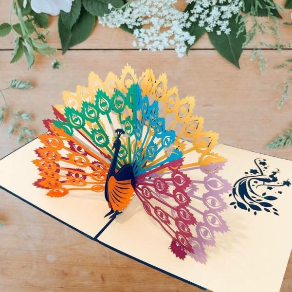 Rainbow Peacock Pop Up Greeting Card – Blue Cover  |   Animals