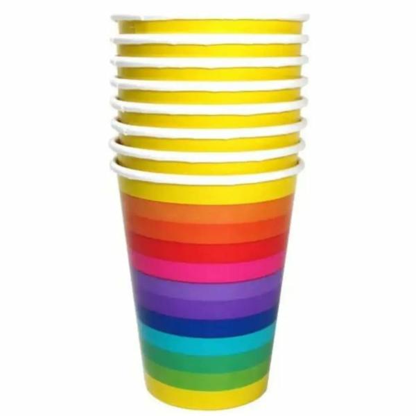 Rainbow Striped Paper Cups 354Ml 8Pk  |   Party Cups