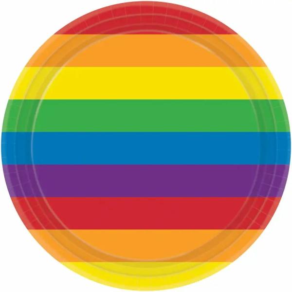 Rainbow Striped Round Paper Plates 23Cm 8Pk  |   Party Plates