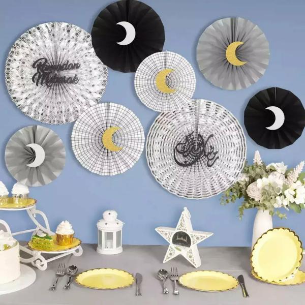 Ramadan Silver Paper Fan Set 8Pk  |   Decorative Fans