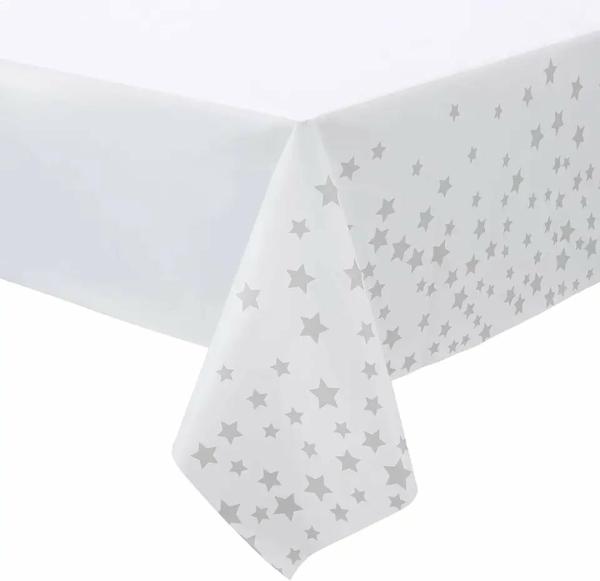 Rectangular Silver Star White Plastic Table Cover  |   Table Covers