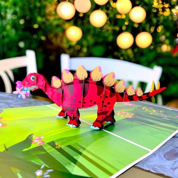 Red Baby Stegosaurus Dinosaur Pop Up Card  |   Christmas