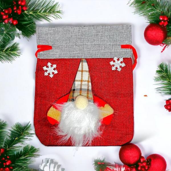 Red Faceless Gnome Santa Hessian Drawstring Gift Bag  |   Everlasting Bears