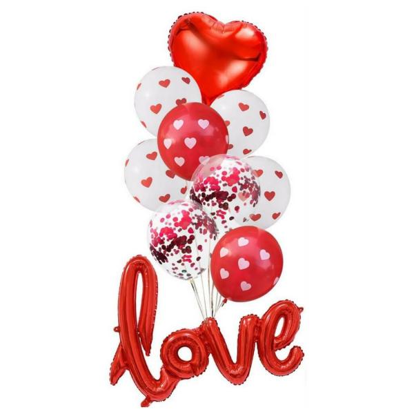 Red Heart Dots & Love Script Confetti Balloon Bouquet 10Pk  |   Balloon Bouquets