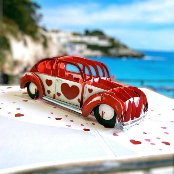 Red Love Heart Vintage Car 3D Pop Up Greeting Card  |   Valentine’s Day