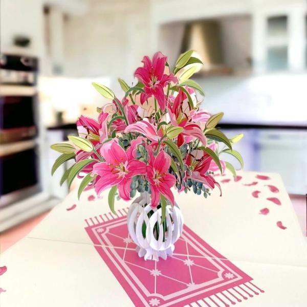 Red Pink Lush Oriental Lily Bouquet In Vase 3D Pop Card  |   Valentine’s Day