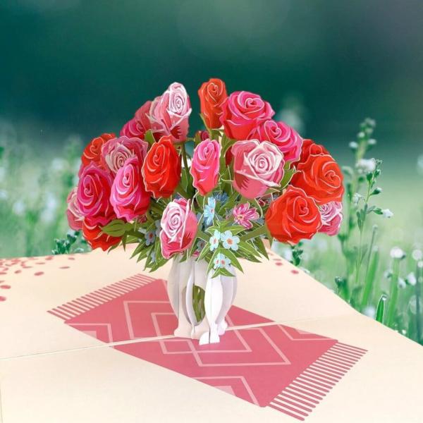 Red & Pink Rose Bouquet In White Vase 3D Pop Up Card  |   Anniversary