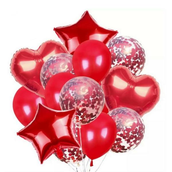 Red Star, Heart & Confetti Balloon Bouquet 14Pk  |   Balloon Bouquets