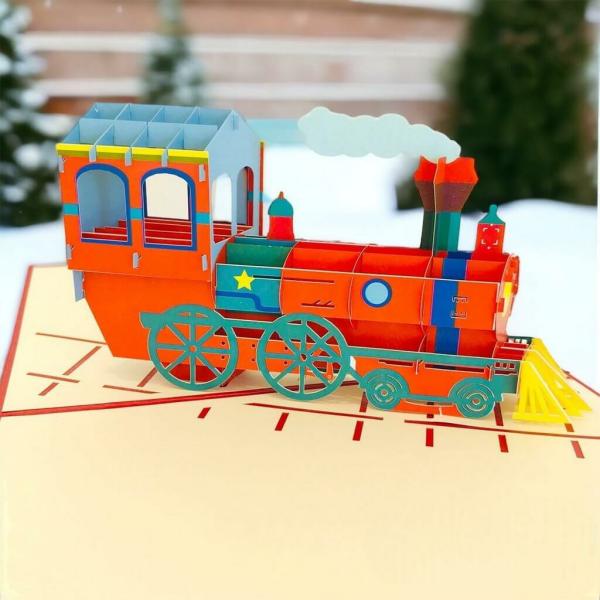 Red Steam Locomotive Train Pop Up Card – Red Cover  |   Vehicles