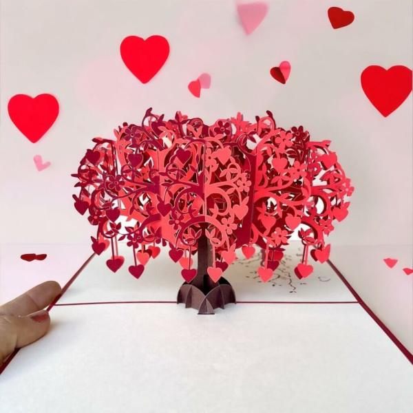 Red Tree Of Love Hearts 3D Pop Up Card – Red Cover  |   Flowers & Trees