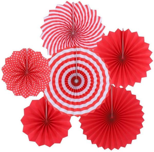 Red & White Hanging Paper Fan Decorations 6Pk  |   Decorative Fans