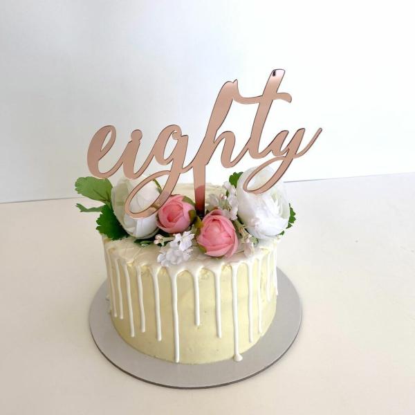 Rose Gold Acrylic ‘Eighty’ Birthday Cake Topper  |   Script Numbers