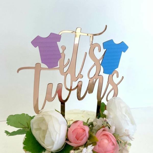 Rose Gold Acrylic ‘It’s Twins’ Pink & Blue Onesie Cake Topper  |   Birthday