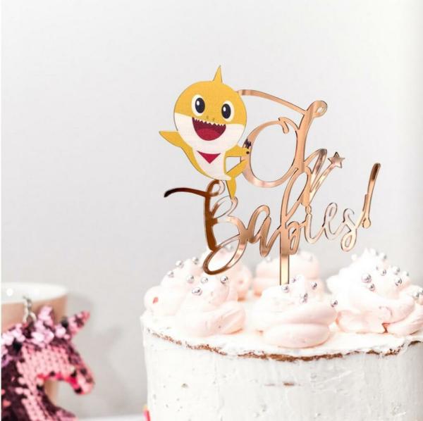 Rose Gold Acrylic ‘Oh Babies’ Baby Shark Cake Topper  |   Birthday