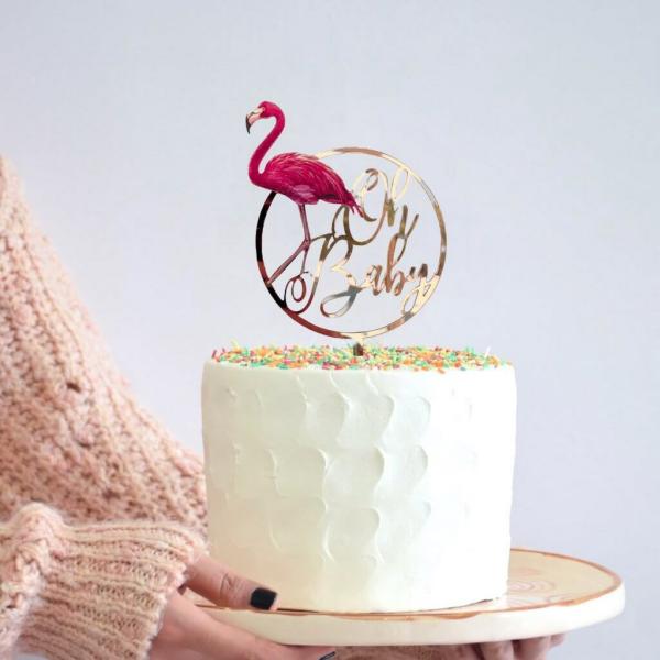 Rose Gold Acrylic ‘Oh Baby’ Flamingo Loop Cake Topper  |   Birthday