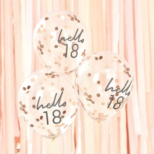 Rose Gold Confetti ‘Hello 18’ Balloons 5Pk  |   Confetti Balloons