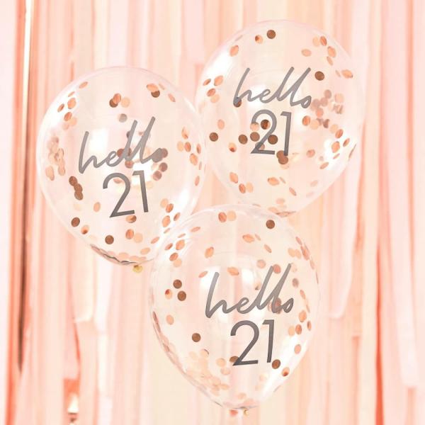 Rose Gold Confetti ‘Hello 21’ Balloons 5Pk  |   Printed Balloons