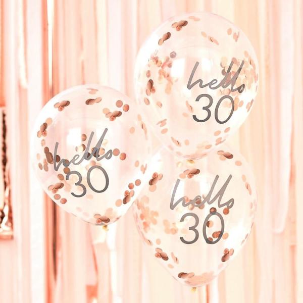 Rose Gold Confetti ‘Hello 30’ Balloons 5Pk  |   Confetti Balloons