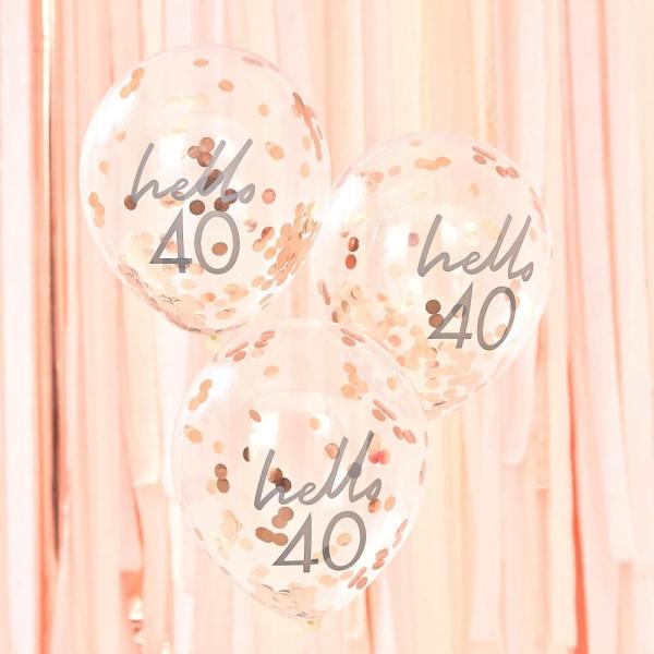 Rose Gold Confetti ‘Hello 40’ Balloons 5Pk  |   Confetti Balloons