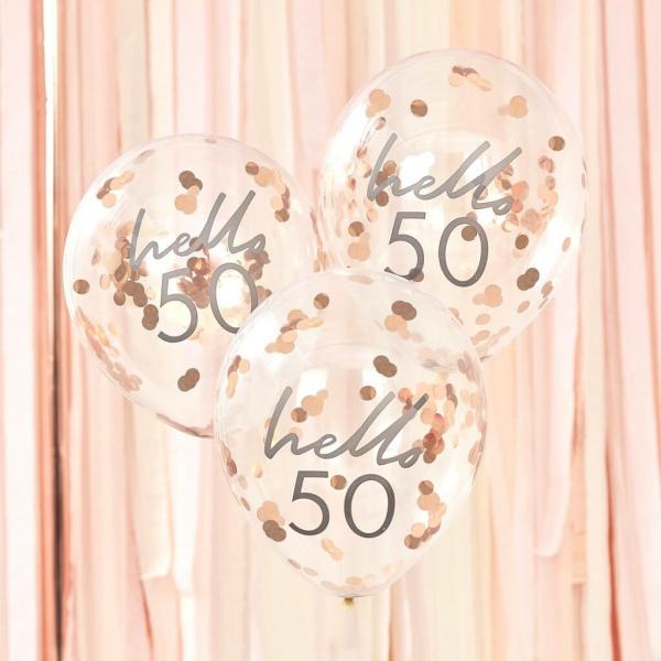 Rose Gold Confetti ‘Hello 50’ Balloons 5Pk  |   Printed Balloons