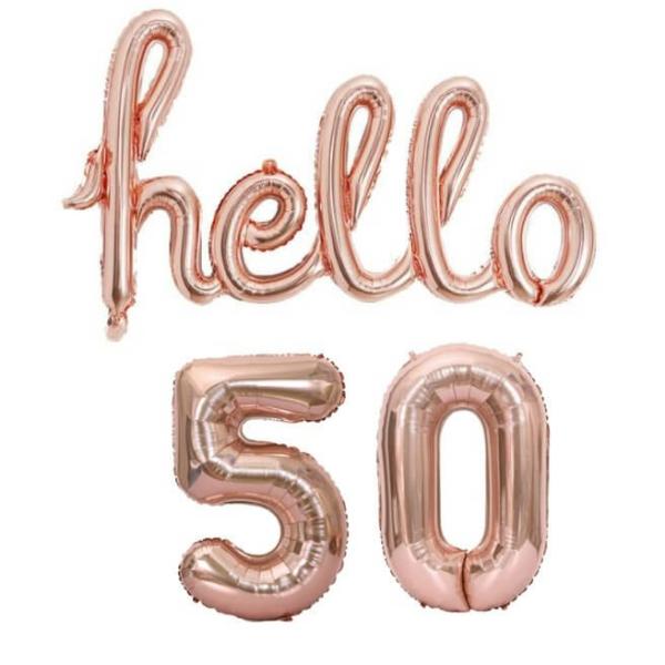 Rose Gold ‘Hello 50’ Birthday Foil Balloon Banner  |   Party Banners