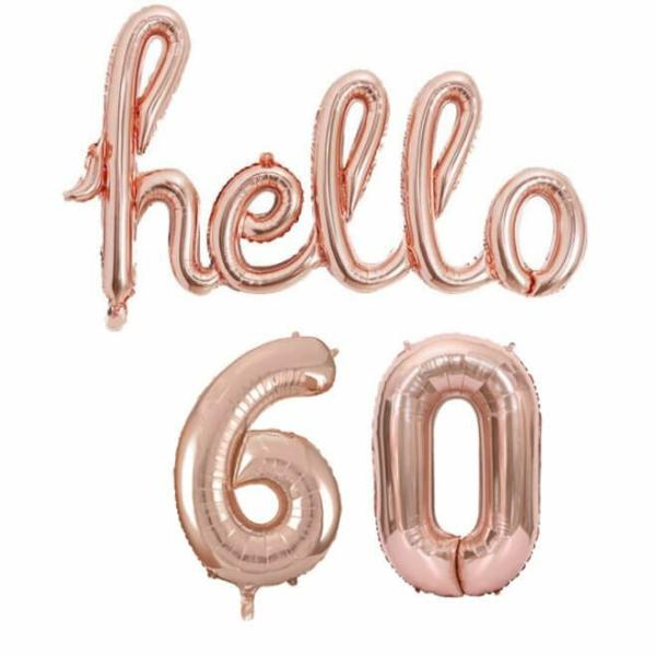 Rose Gold ‘Hello 60’ Birthday Foil Balloon Banner  |   Party Banners