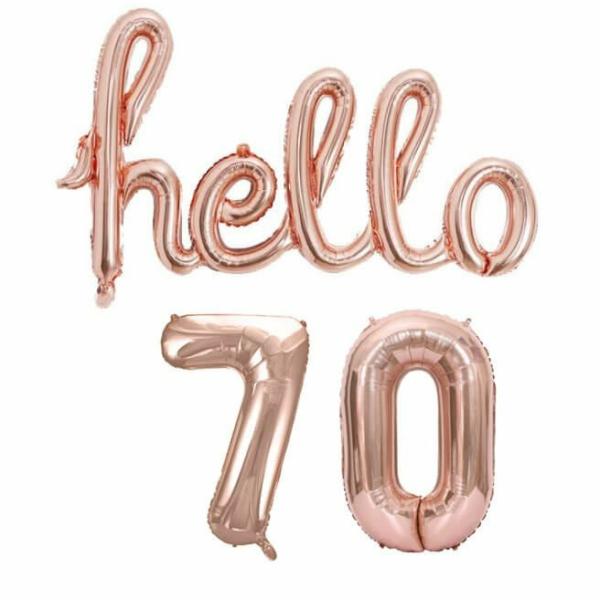 Rose Gold ‘Hello 70’ Birthday Foil Balloon Banner  |   Party Banners