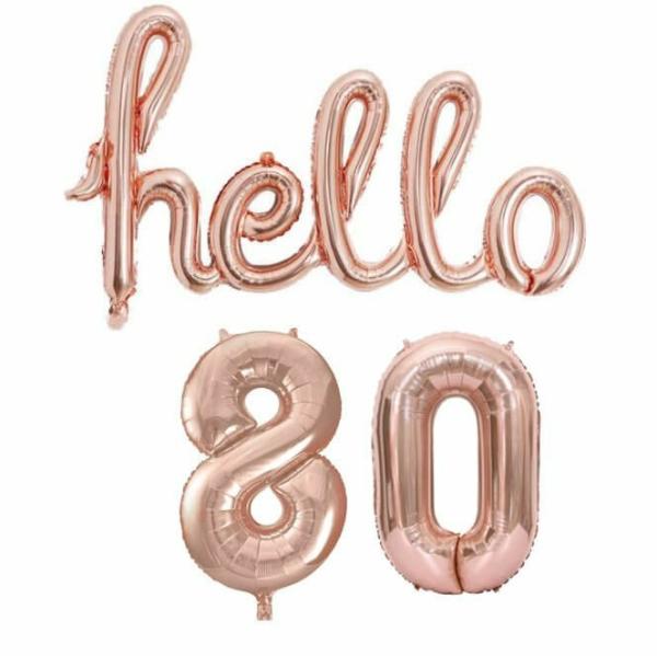 Rose Gold ‘Hello 80’ Birthday Foil Balloon Banner  |   Party Banners