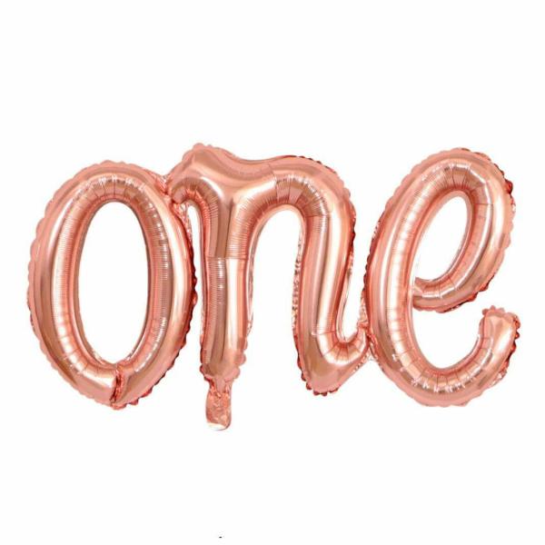 Rose Gold ‘One’ Script First Birthday Party Foil Balloon  |   Party Banners