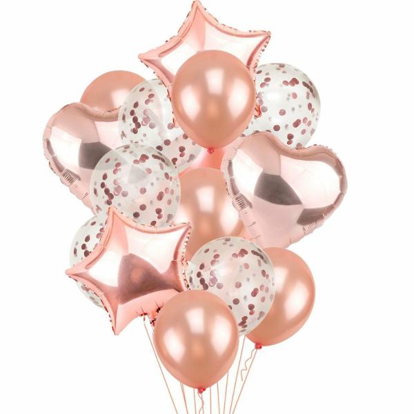 Rose Gold Star Heart Confetti Balloon Bouquet 14Pk  |   Balloon Bouquets