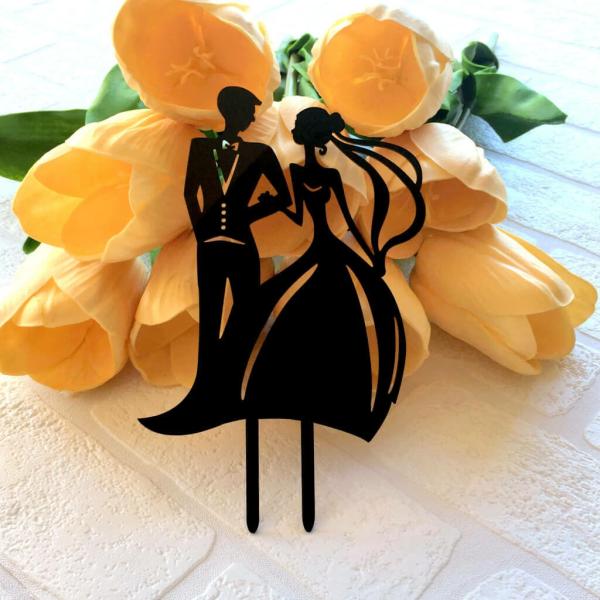 Silhouette Bride And Groom Arm In Arm Cake Topper  |   Wedding