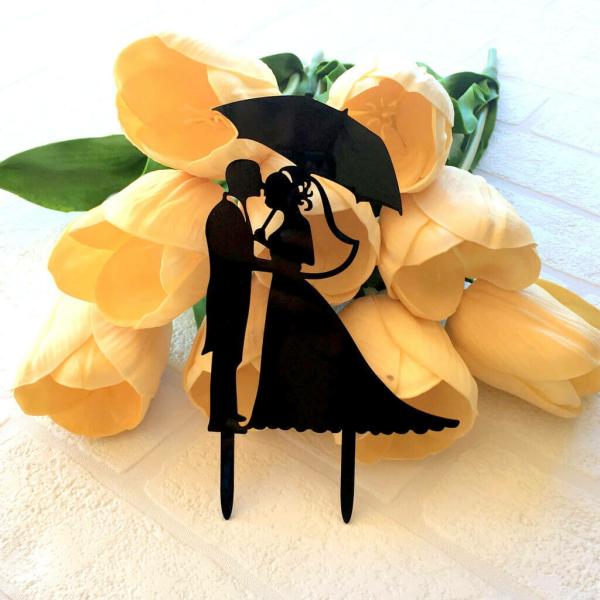 Silhouette Bride And Groom Holding Umbrella Wedding Cake Topper  |   Bride To Be