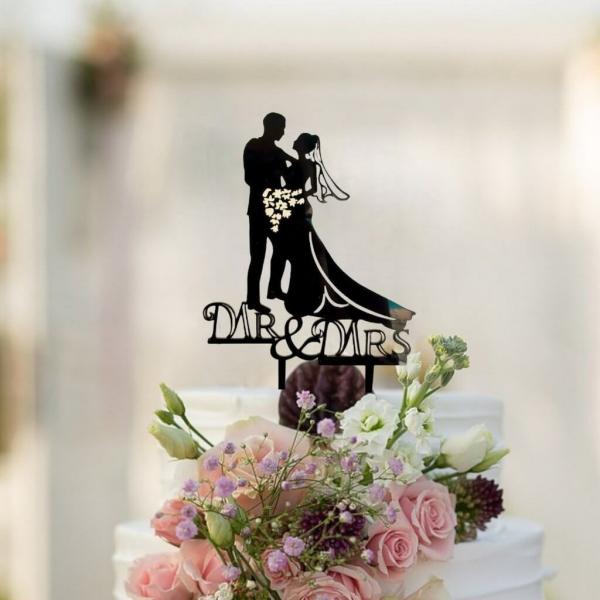 Silhouette Couple Holding Flower Bouquet Mr & Mrs Cake Topper  |   Bride To Be